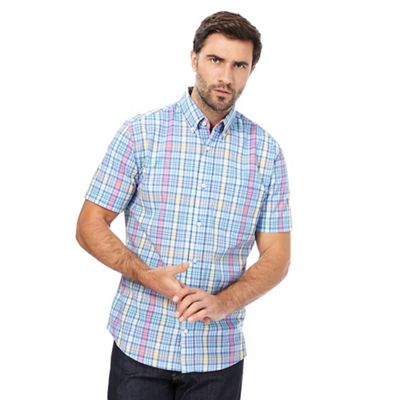Bright blue check print short-sleeved shirt